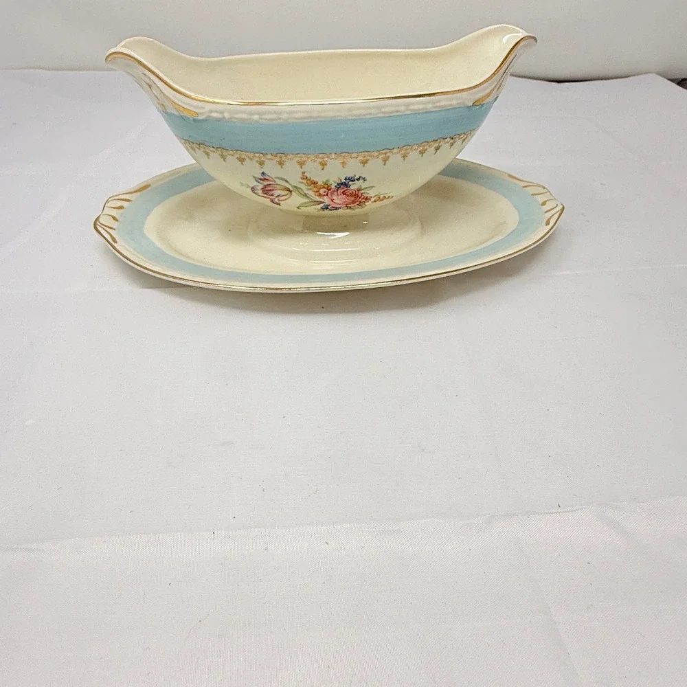 Homer Laughlin Eggshell Georgian Gravy Boat Attached Underplate Floral Blue Gold